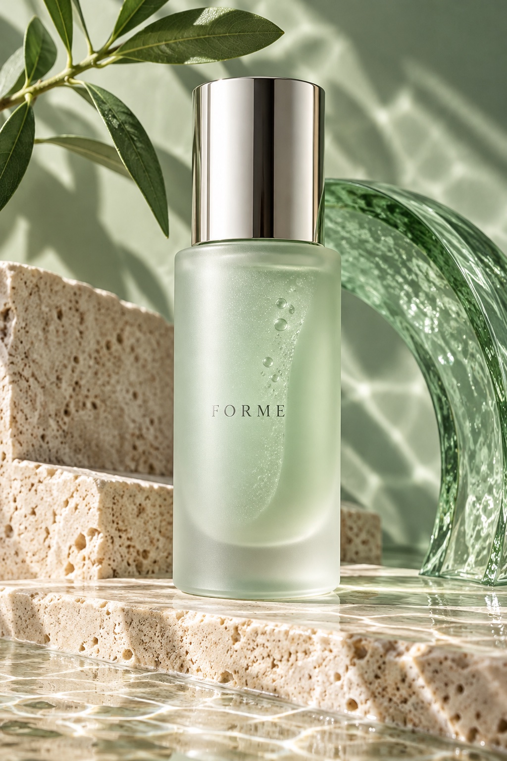 Frosted skincare bottle in soft green light