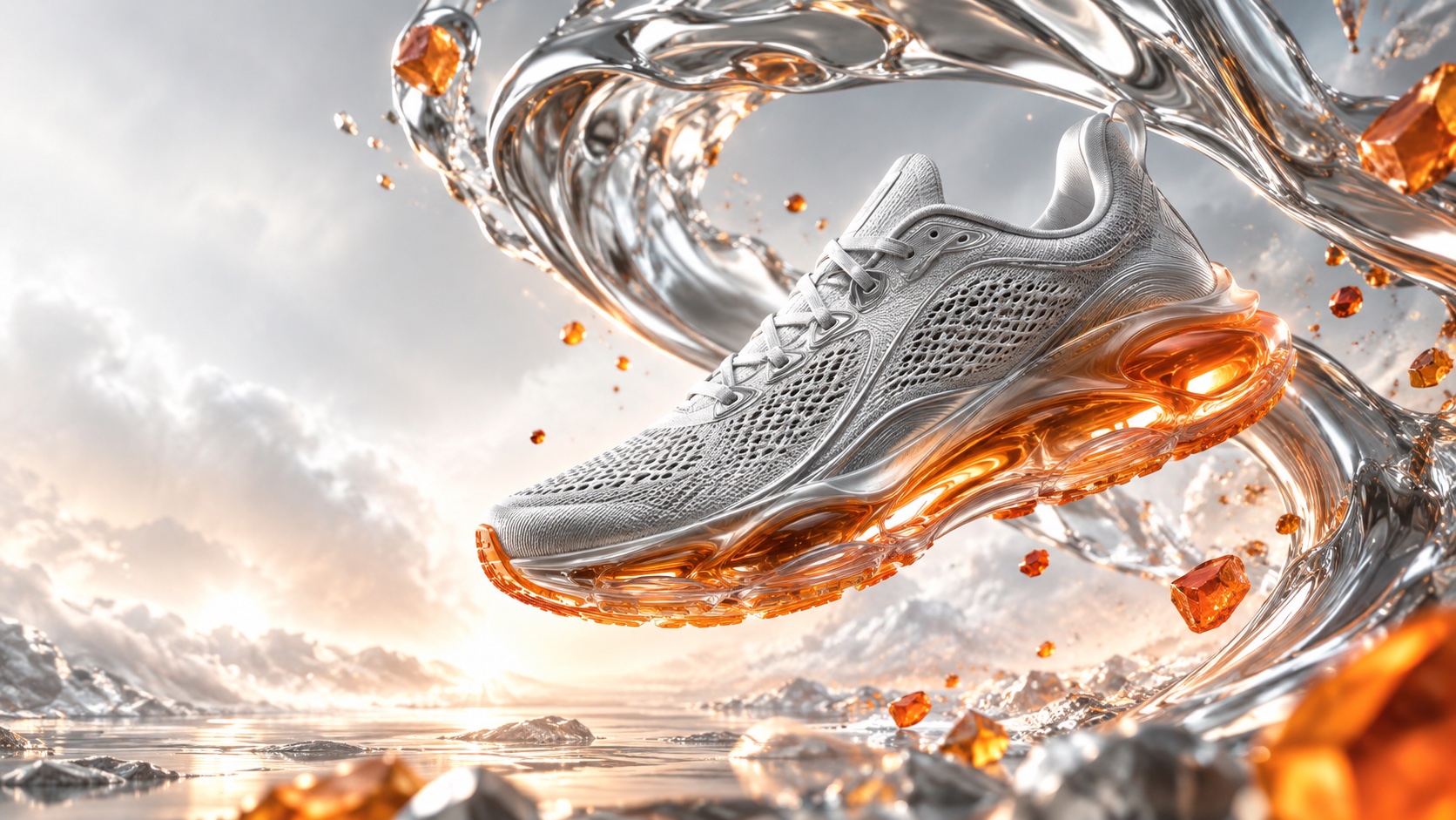 Silver technical sneaker floating in sculptural liquid chrome